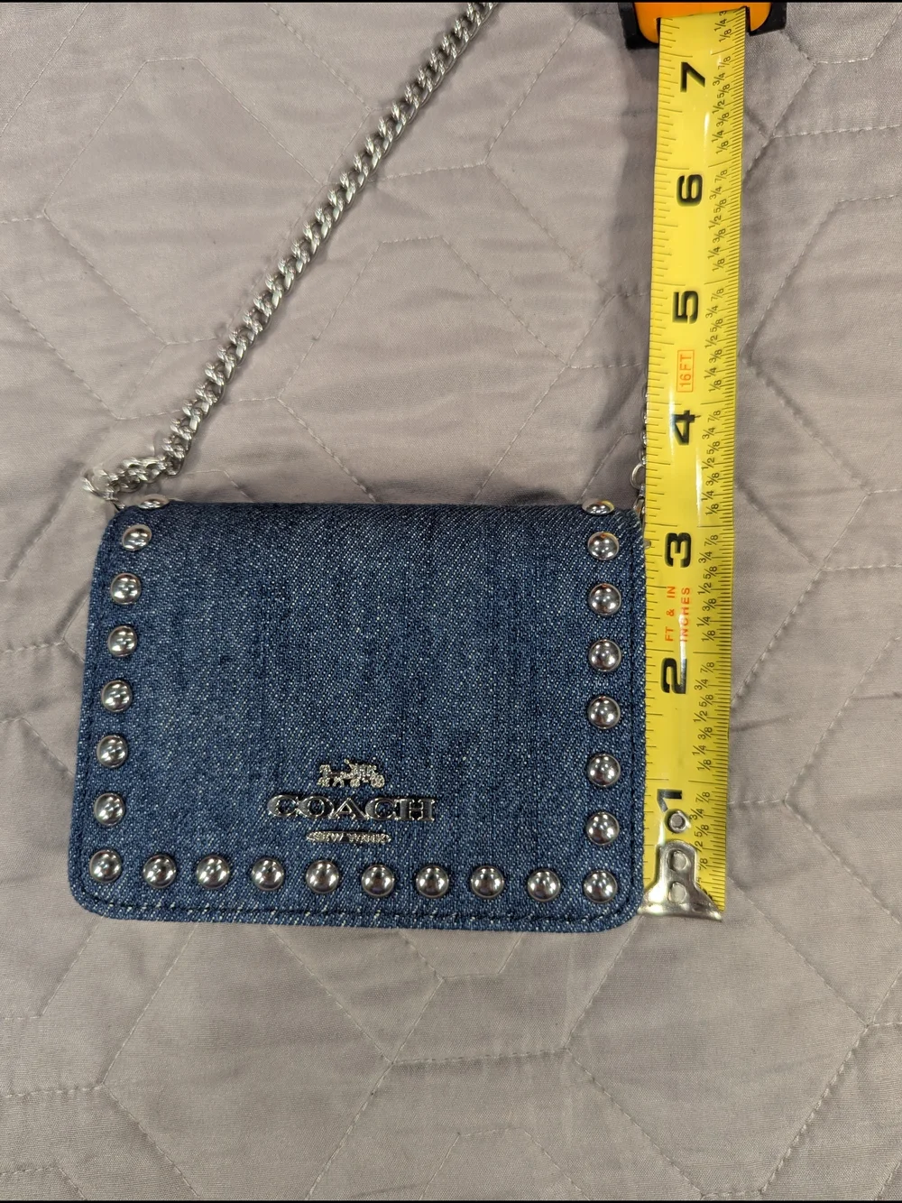 Coach Denim Studded Mini Wallet On Chain Crossbody Bag Silver Rivets Card Case
